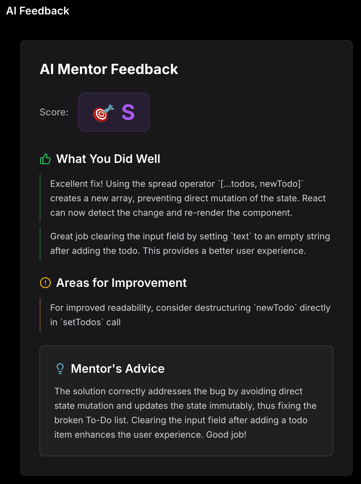 AI mentor feedback with detailed code review
